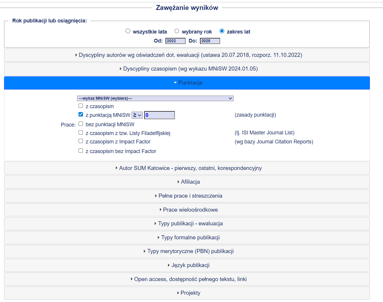 zawężenia warunków ogólnych w standardowym formularzu wyszukwiawczym